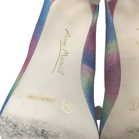 Anne Michelle Hibiscus Heels Womens 8.5 Pastel Rainbow Glitter Mermaid Stiletto - Picture 10 of 16
